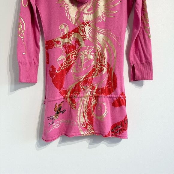 Ed Hardy Hooded tunic top pink tattoo Phoenix jersey knit 3/4 sleeves - Picture 9 of 17